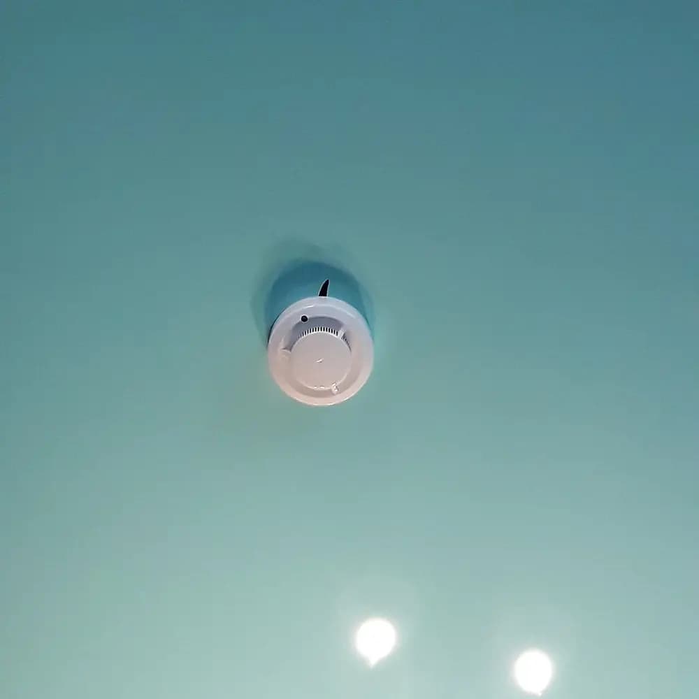 Witte rookmelder aan het plafond, op afstand van de verlichting