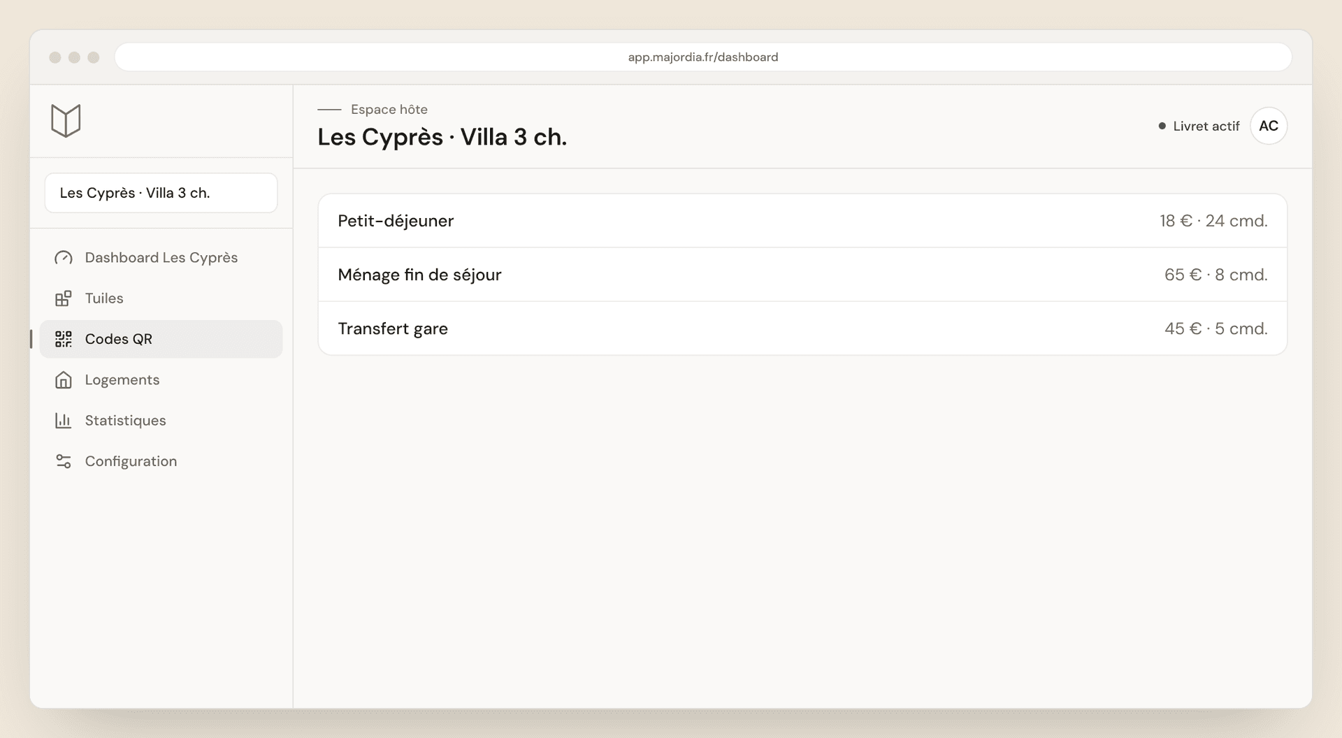Boutique de services payants et options de séjour dans le livret Majordia