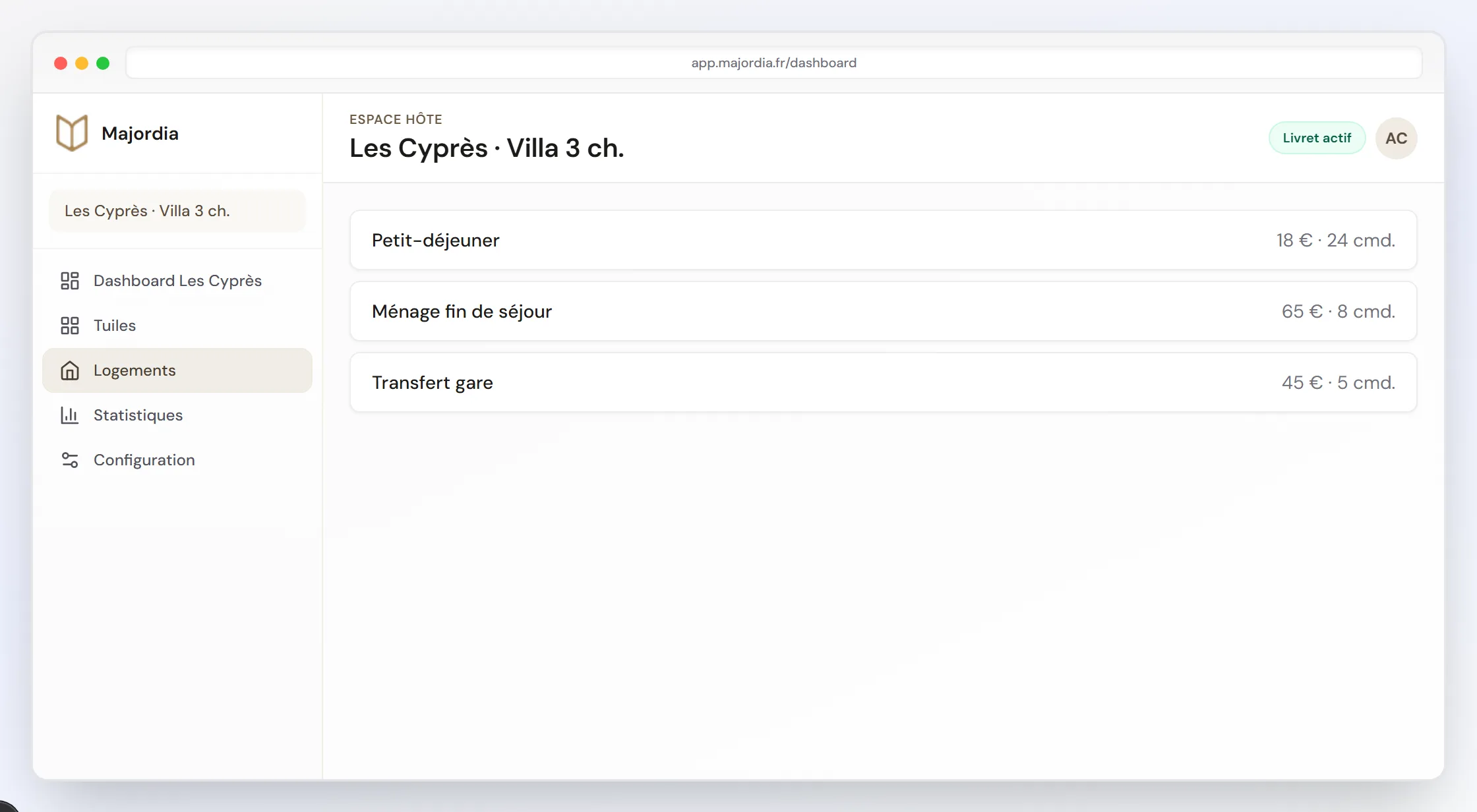 Services additionnels et commandes dans le tableau de bord